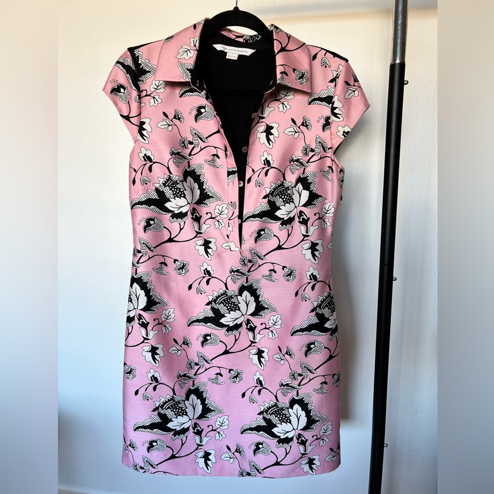 NWOT Diane von Furstenberg Morgan Pink & Black Toile-Pattern Sateen Dress Size 4